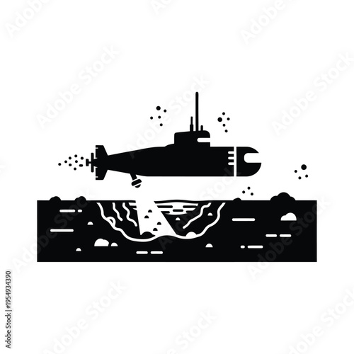 Submarine exploring underwater trench in black and white.