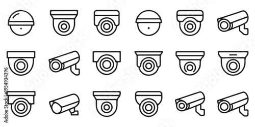 Surveillance Camera Icon Collection Featuring Various CCTV Designs in Minimalist Style