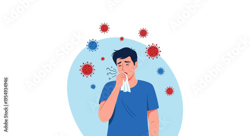 Illustration of a man sneezing into a tissue with virus particles around him in a blue circle