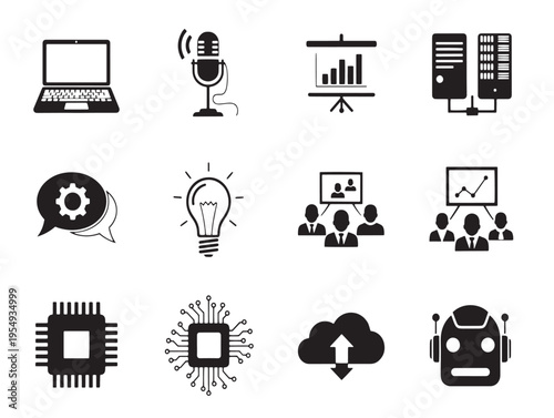 A set of black pixelated business and technology icons