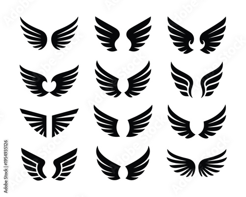 Angel wings silhouette set, elegant feather symbols for memorial service program, choir concert poster, spirituality workshop session graphics, vector elements