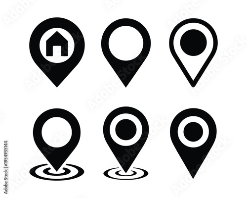 Solid map pin icon set with location markers, home waypoint, target pointer and ripple symbol for maps, gps navigation apps