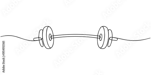 Barbell continuous line. Continuous one line drawing barbell for exercise. Gym, fitness concept. Single line drawing, Continuous one line drawing of Dumbbell - Barbell gym equipment, Drawing