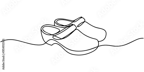 continuous one line drawing Plastic garden shoes ,pair of plastic clogs  one line art drawing