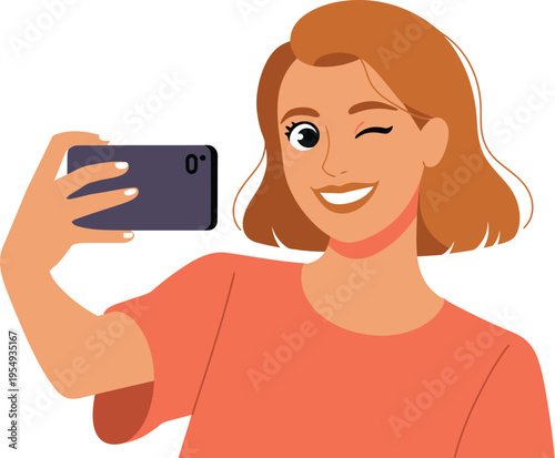 Smiling young woman winks while taking a self portrait with a smartphone.
