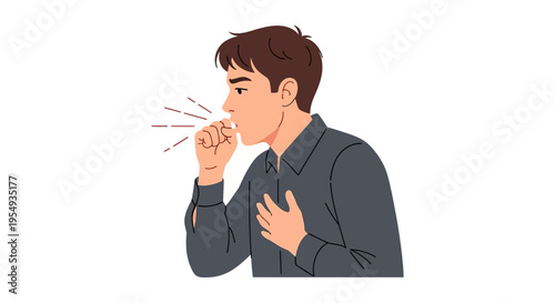 Illustration of a man coughing into his elbow against a plain white background.
