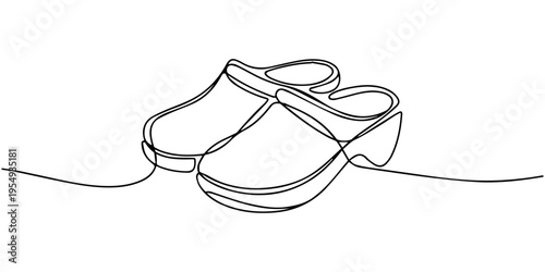 continuous one line drawing Plastic garden shoes ,pair of plastic clogs  one line art drawing