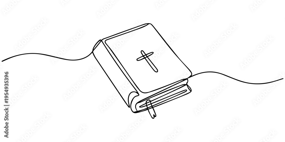 Obraz premium Continuous one line drawing silhouette of Bible. Bible linear icon. One line drawing background. Vector illustration. Line art of Bible Editable stroke