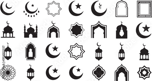 Islamic ramadan eid al fitr mosque crescent moon star lantern symbol icons