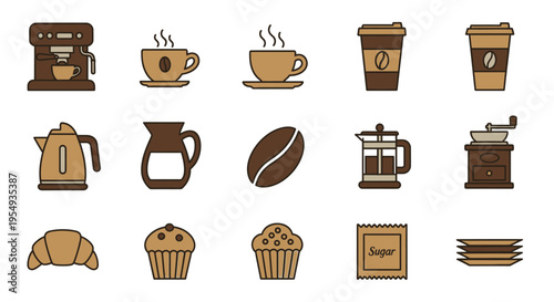 Collection of coffee-related items and pastries in a flat design style.