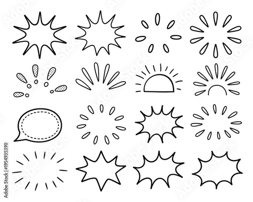 Cartoon explosion and sunburst outline elements with jagged star shapes, speech cloud, sparkle rays for comic poster, sticker printing