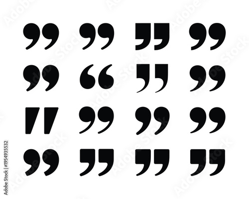 Mixed quotation marks set, typographic punctuation collection, article citation symbols, newsletter layout, classroom worksheet, presentation slide graphic, clean vector