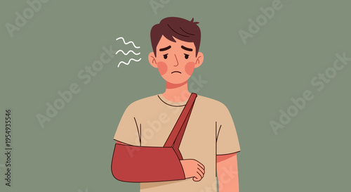 Illustration of a young man with a broken arm in a sling looking unwell against a muted green background.