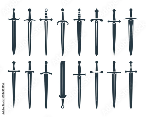 Ancient sword and dagger bundle, historical weapon icons, medieval tournament poster, cosplay costume designer resource, silhouette graphics, vector pack