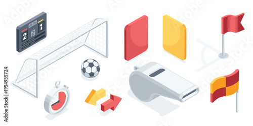 Isometric vector football attributes, referee whistle and goal with ball, in color on a white background, set of icons for design and infographics