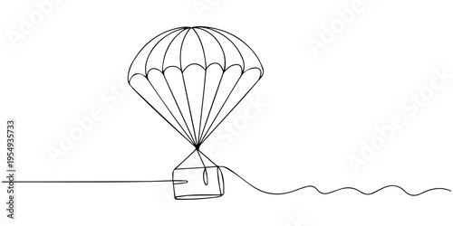 Continuous one line drawing of a delivery with a parachute jumping down from the air. Online shopping concept, fast delivery by parachute carrying box in doodle style. vector illustration