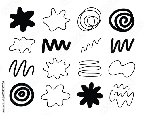 Bold abstract blob shapes, ink splash icons, marker scribble, playful sticker pack, modern background accents, creative vector elements set