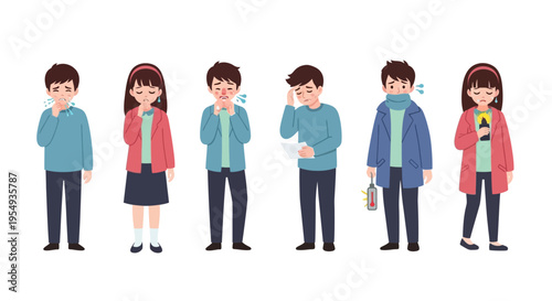 Illustration of six cartoon characters expressing various emotions in different poses on a white background