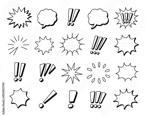 Alert and notice elements, comic style bursts, warning emphasis marks, classroom presentation graphics, vector set, newsletter highlight, emergency drill poster