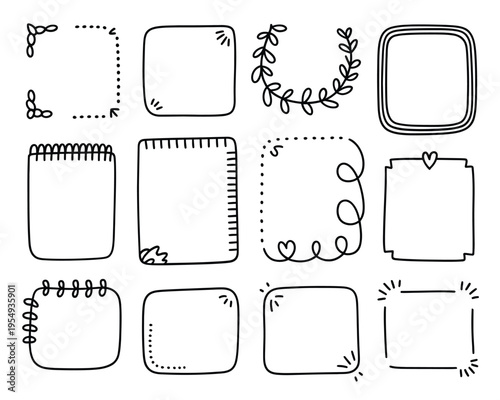 Doodle square frame bundle, vine and floral corner accents, scrapbook page decor, cute hand drawn border set, vector design