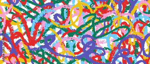 Grunge rainbow seamless pattern with wax crayon chaotic scribbles on transparent background. Playful hand drawn texture for wrapping paper and kids design, packaging and branding. Vector illustration