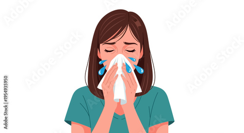 Illustration of a woman blowing her nose with a tissue on a white background.