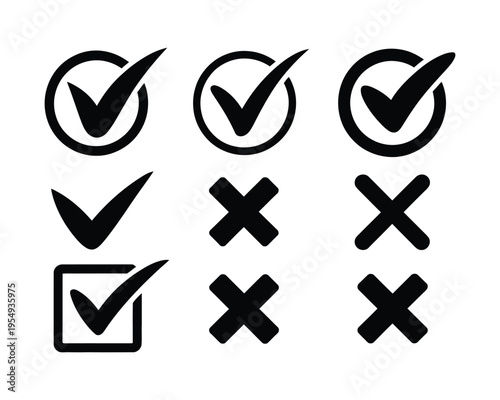 Validation and verification icon set, check mark and cross symbols for survey or checklist, industrial flat vector design