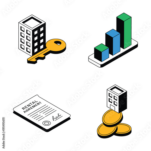 Real estate investment icons with apartment building key, contract paper, rising chart and coins, mortgage loan approval graphics for marketing
