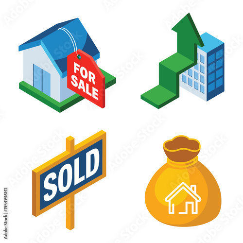 For sale signage set with yard post, trending arrow, tower building, sold board and money bag, real estate advertising graphics