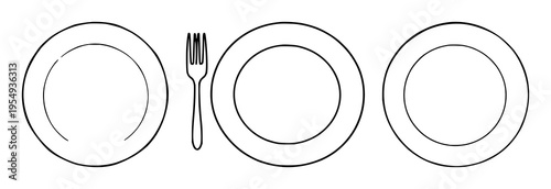 Dinner plate icon set with flat design and bold outlines featuring plate, rim, center bowl, garnish elements with circular shape and black silhouette
