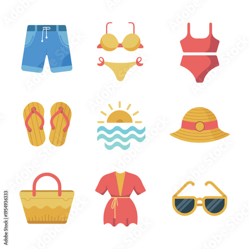 Resort holiday clothing collection featuring swim trunks, bikini, sunhat, sunglasses, tote bag and sun wave icon, beach trip planner