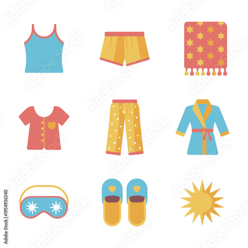 Summer beach outfit set vector, tank top, shorts, robe, towel, flip flops, sun icon, vacation packing list, pool party design