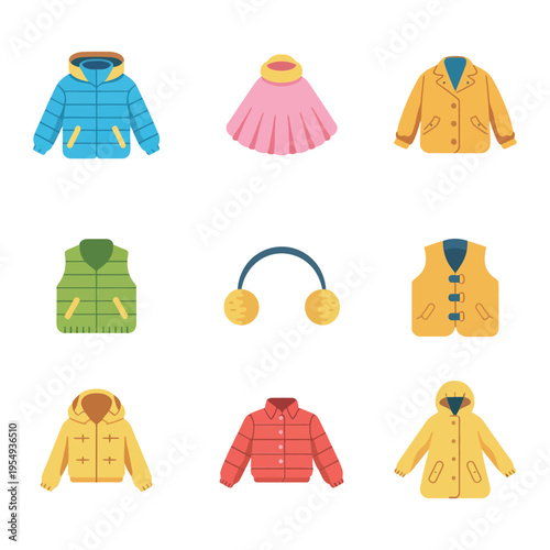 Autumn winter outfit icons, parka coat rain jacket, earmuff hat gloves, seasonal promotion, outdoor camping event, travel wardrobe vector illustration