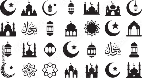 Islamic ramadan eid al fitr symbols and mosque icons with crescent moon star lanterns and arabic calligraphy on white background