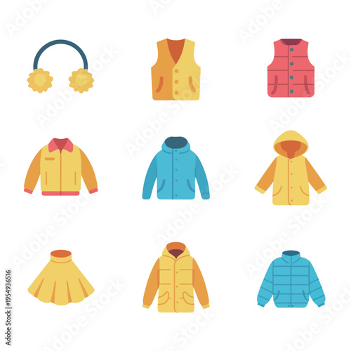 Cold season clothing vector pack, hoodie jacket vest, earmuff winter hat, raincoat coat, holiday shopping graphic, cozy wardrobe icons