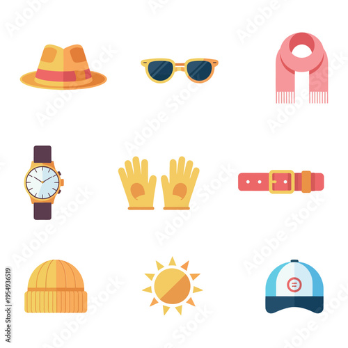 Summer accessories vector set, straw hat sunglasses scarf, leather belt watch gloves, beach festival poster, vacation travel graphic, season illustration
