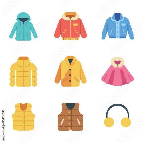Fashion outerwear icon set, jacket blazer coat, puffer vest skirt, boutique sale banner, autumn wardrobe illustration, street style vector collection