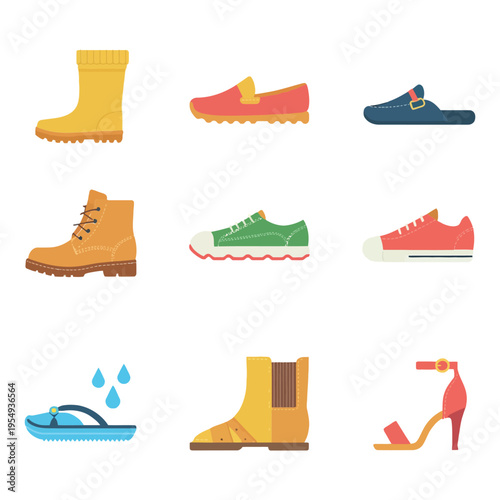 Seasonal footwear icons collection, rain boots flip flop sandals, high heel shoes, beach event, monsoon season, fashion promotion, vector illustration