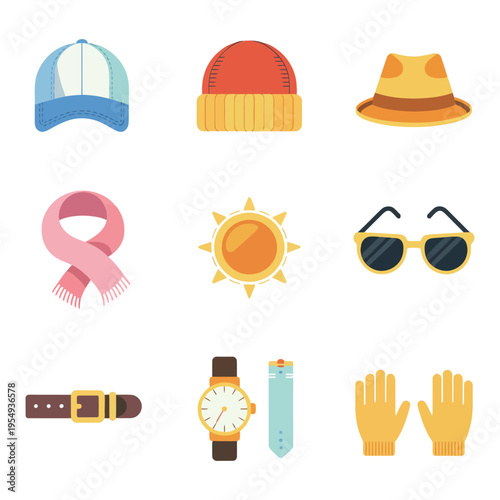 Awareness accessories icon set, pink ribbon symbol, sun sunglasses, belt watch gloves, charity walk event, health campaign graphic, vector illustration