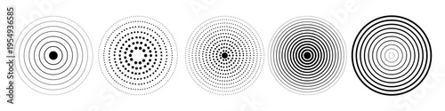 Linear set of radar icons, sonar waves, concentric radial signal circles, echo sounder symbols. Vector black and white illustration on a transparent background for interfaces and infographics
