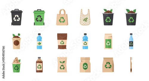 Collection of eco-friendly products and recycling items for sustainable living.