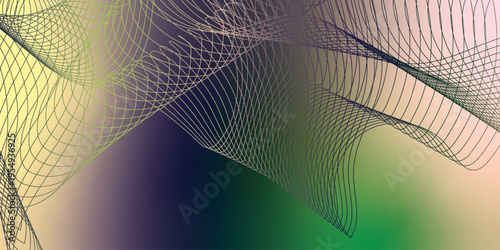 Luminous green, DarkBlue, and Bisque light ribbons curving smoothly across a deep shadowy background filled with tiny glittering particles, futuristic digital technology concept, vector illustration.