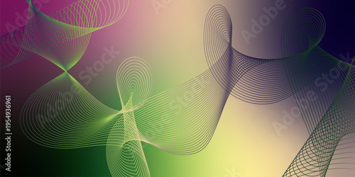 Luminous green, DarkBlue, and Bisque light ribbons curving smoothly across a deep shadowy background filled with tiny glittering particles, futuristic digital technology concept, vector illustration.