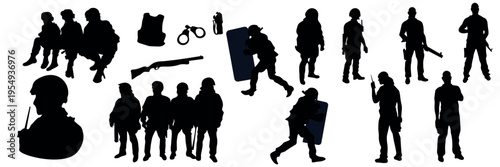 Large collection of police and SWAT officer silhouettes in different poses. Law enforcement officers with riot shield, rifle, handgun, radio and tactical equipment. Security forces standing, walking 