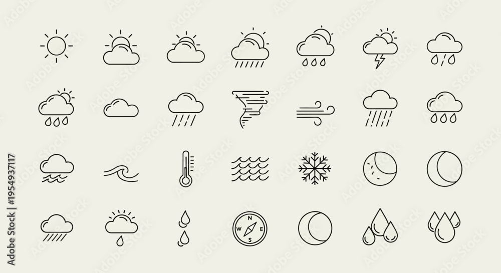 Fototapeta premium Minimalist line art weather icon set displayed in a neat grid layout.