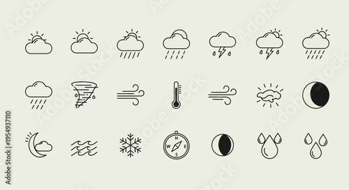 Minimalist line art weather icon set displayed in a neat grid layout.