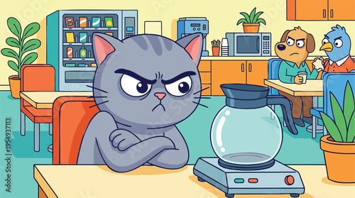 Grumpy grey cat with crossed arms stares angrily at an empty coffee pot, expressing morning frustration in a lively cartoon breakroom setting