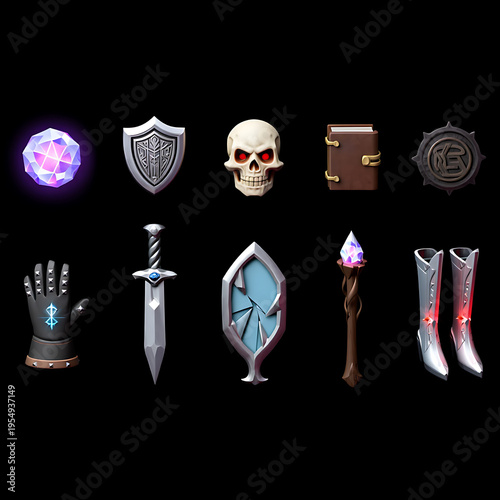 Collection of fantasy game icons featuring glowing gemstone, shield, skull, book, emblem, magic glove, sword, shield, staff, and boots on black background