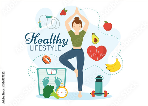 Woman practicing yoga surrounded by healthy elements on transparent background silhouette high quality professional detailed modern elegant stylish clean crisp vibrant