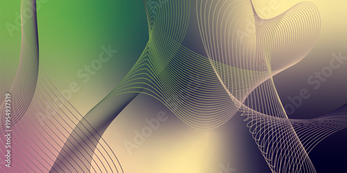 Luminous green, DarkBlue, and Bisque light ribbons curving smoothly across a deep shadowy background filled with tiny glittering particles, futuristic digital technology concept, vector illustration.
